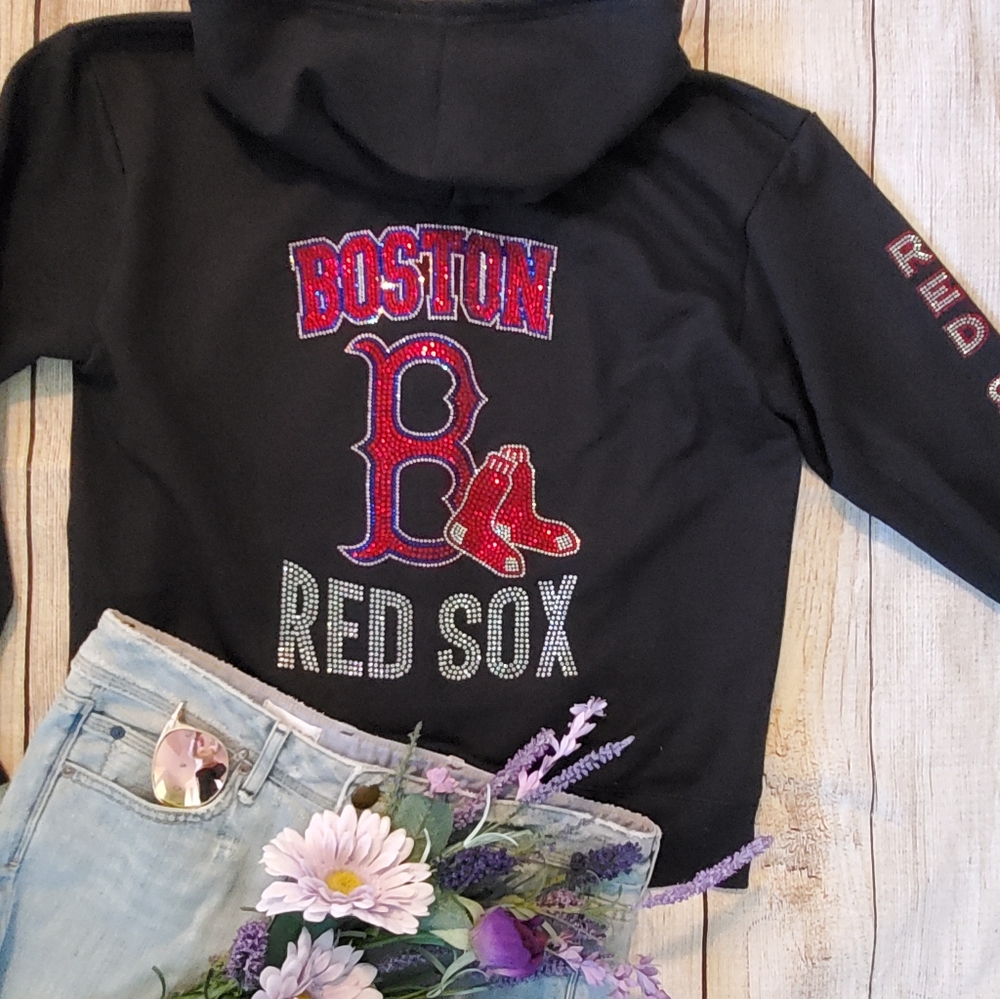 New Bling Boston Red Sox Rhinestone Unisex Zip Up Hoodie Jacket S thru XL